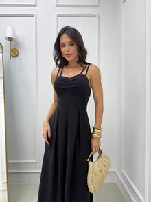 Long Dress With Double Straps And Ruched Detail On The Bust - Black - View 3