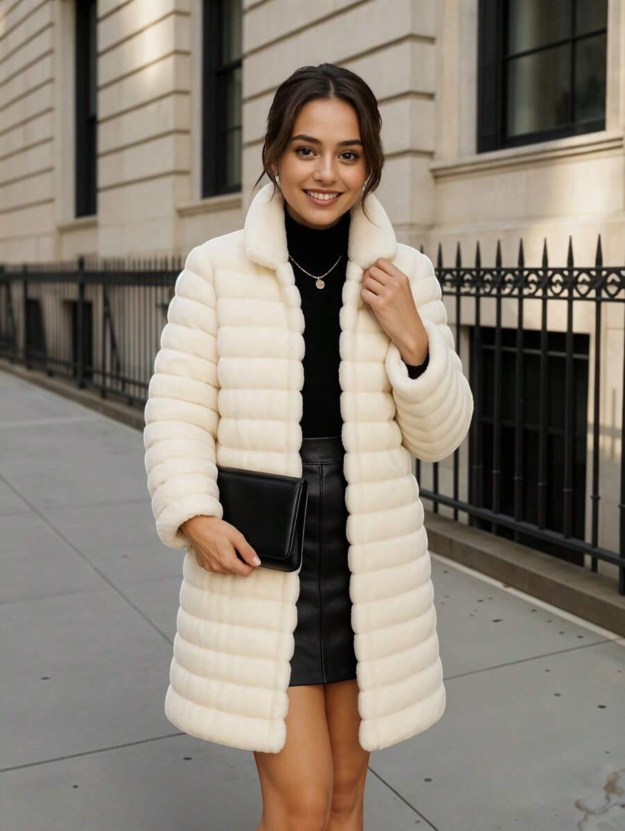 Abrigo de Peluche Elegante con Cuello Alto y Bolsillos Laterales - Hueso - Ver 1