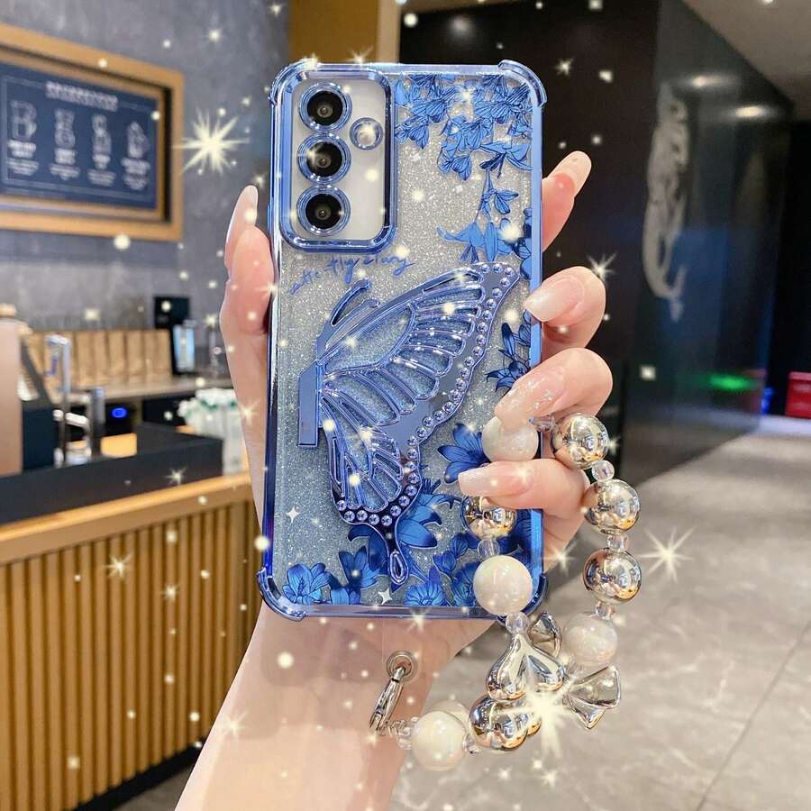 蝴蝶图案单件式极简支架手机壳，防震/TPU硅胶软边奢华保护套，带防尘孔，兼容三星Galaxy S24 Ultra/S24 Plus/S24/S23 Ultra/S23 Plus/S23/S22 Ultra/S22 Plus/S22/S21 Ultra/S21 Plus/S21 FE/S23 FE/S20 Ultra/S20 Plus/S20 FE，以及电镀+TPU硅胶软边全包高端保护壳，适用于A5x/C1 2 3 4 5 6 7 8 9/9 8 7 6 5 4 3 2 1和A1 2 3 4 5 6 7 8 9 9 8 7 6 5 4 3 2 1。 - 藍色+支架+鏈 - 查看 1