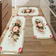 Floral Pattern Kitchen Rug, Non-Slip Washable Floor Mat With Vintage Rose Design, Watercolor Flowers For Kitchen Dining Room Entryway, Anti-Slip Rubber Backing, Long Narrow Runner Mat For Home Dec - 彩色 - 查看 3
