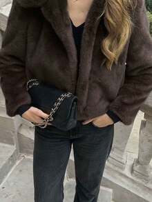 2025冬季女士复古仿皮草短款棕色皮草外套，时尚翻领，精致羊毛口袋，保暖外套，女士街头服饰 - 棕色 - 查看 6