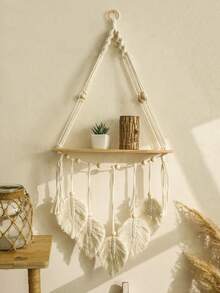 1 pieza Estantería de pared colgante tejida a mano con hojas, decoración bohemia, estante flotante de madera, adecuado para baño, dormitorio, sala de estar, sin clips incluidos - Multicolor - Ver 12