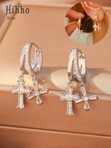 Hihho 1 Pair Vintage Copper Double Cross Hoop Earrings, Elegant & Fashionable Earrings For Women - Cross - View 1