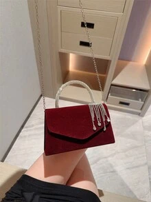 女士优雅水钻流苏设计晚装手拿包，闪亮钻石手提包，奢华派对钱包，适合正式礼服、婚礼、舞会、浪漫新娘，流苏图案随机发送 - 酒紅色 - 查看 4