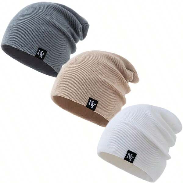 3 عبوات قبعة بيني مزينة بشعار NY قبعات شتوية جامعية من الأكريليك ذات حافة مطوية قبعات بيني متدلية قبعات محبوكة للخارج للرجال