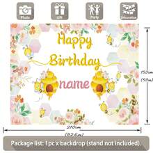 Phông nền sinh nhật chủ đề ong, có thể tùy chỉnh tên, thiết kế tổ ong hoa hồng hoạt hình hình con ong đang tìm kiếm thức ăn, thích hợp cho sinh nhật, tiệc mừng em bé, quà tặng và các bữa tiệc chủ đề ong khác, chất liệu vinyl. - Loại F - Xem 5