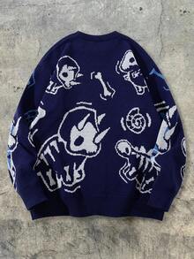 ANDREILEE Men's Casual Dinosaur Print Crew Neck Loose Fit Pullover Sweater, Versatile Street Style, Suitable For Spring, Autumn, Winter - Navy Blue - View 2