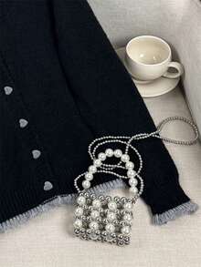 Wixra 2025 Autumn New Design Colorblock Heart Button Knitted Cardigan, Versatile Women Sweater Jacket - Black - View 6