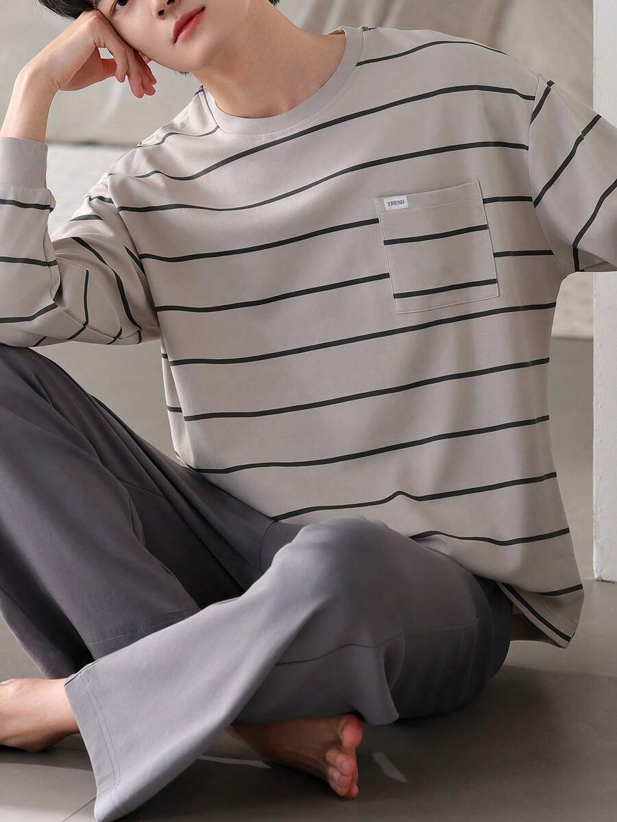 AICJ 2pcs Men's Casual Loose Striped Crew Neck Long Sleeve Pullover Top And Long Pants Pajama Set, Suitable For Party, Home, Travel, Spring, Autumn, Winter, Fall Clothes