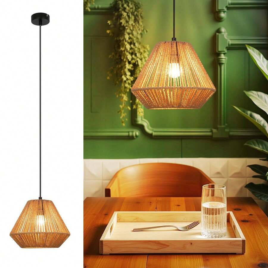 homefire Hanging Lamp Boho Hanging Lamp Rattan 25 Vintage Pendant Lamp Dining Table 1 Light Dining Table Lamp Retro Design With E27 Socket For Dining Room Bedroom Living Room Hallway Kitchen (Without Bulb) - Kim cương - Xem 1