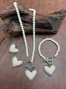 1 Set Vintage Bohemian Style Turquoise Beaded Necklace, Synthetic Turquoise Heart Pendant Necklace, Heart Bracelet, Heart Earrings, Versatile Short Style, Suitable For Casual Wear, All Seasons Jewelry, Suitable For Women And Girls, Daily Outfit, Party Accessories, Jewelry, Gift For Family/Friends/Yourself - Bohemian Style - View 12