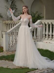 YOUKEFEIER Women's Off Shoulder Sexy Deep V Lace Embroidery With Beads Long Wedding Dress