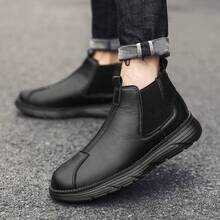 WANWEISI Bottes à enfiler pour hommes - Bottes cheville à bout rond noires avec panneaux latéraux élastiques, style casual et d'affaires, tige synthétique, convient pour toutes les saisons, chaussures casual | Design de bottes à la mode | Chaussures à panneau élastique, Bottes hautes marron confortables à enfiler pour hommes, avec bande élastique, semelle MD antidérapante, doublure en tissu respirant, convient pour le plein air, le travail et les tenues casual - Noir - Voir 4