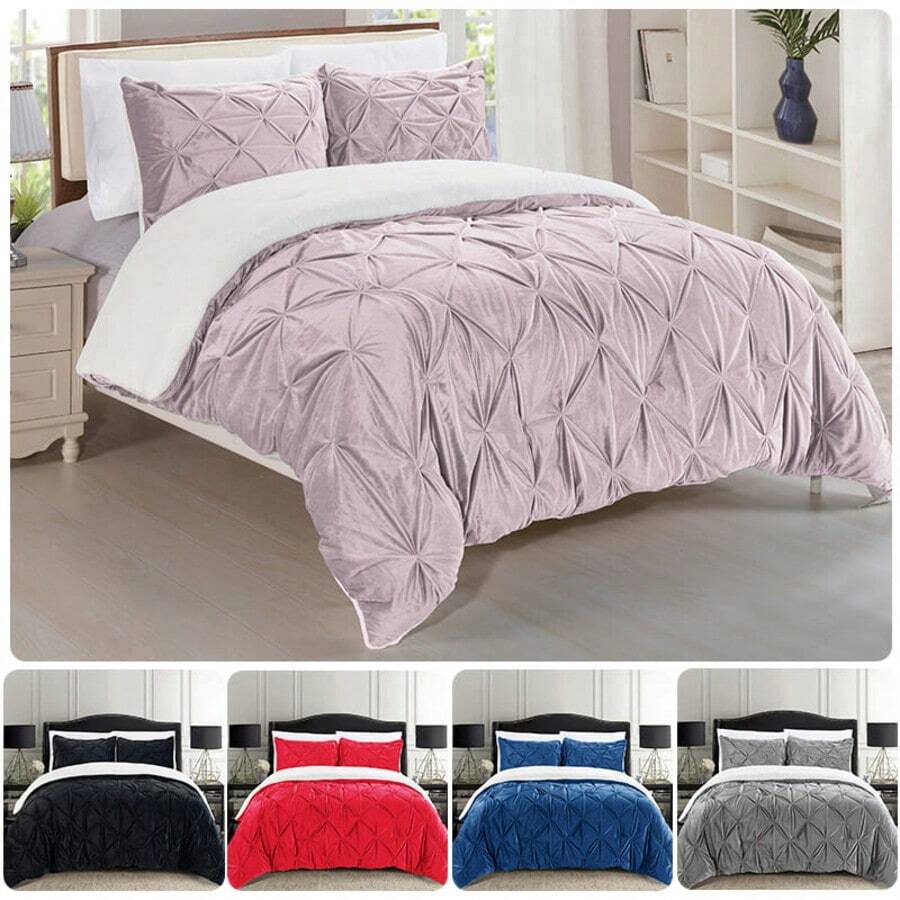 Elegant Comfort Ultra Soft 3pcs Pinch Pleated Pintuck Microsuede Fleece Reversible Sherpa Comforter Set With Shams, Cozy Warm Breathable, Easy Care Quilt Comforter Sets, Full/Queen, King/California King Size Bed For All Seasons, Christmas Decorations Gifts, Cozy Winter Styles, Holiday Décor - 塵土飛揚的玫瑰 - 查看 1