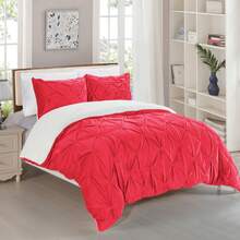 Elegant Comfort Ultra Soft 3pcs Pinch Pleated Pintuck Microsuede Fleece Reversible Sherpa Comforter Set With Shams, Cozy Warm Breathable, Easy Care Quilt Comforter Sets, Full/Queen, King/California King Size Bed For All Seasons, Christmas Decorations Gifts, Cozy Winter Styles, Holiday Décor - 紅色 - 查看 3