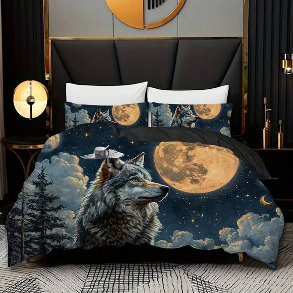 3pcs Soft And Cozy Dark Wolf Dream Catcher Print Duvet Cover Set For Bedroom And Guest Room - Includes 1 Duvet Cover And 2 Pillowcases (Core Not Included)