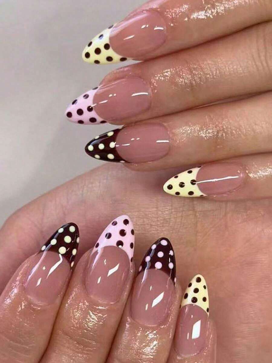 24pcs Minimalist Brown & Pink French Polka Dot Almond Shaped Nail Stickers, Suitable For Women & Girls For Party, Date, Autumn/Winter Everyday Use LSFM - 多色 3 - 查看 1