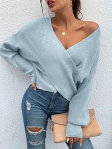 Women's Sexy Sweater V Neck Off Shoulder Long Sleeve Cross Wrapped Front Knit Sweater Fall Autumn Winter Street Party Club Night Out Valentine Top Outfits - 藍色 - 查看 4