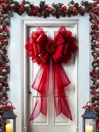 1pc Large Red Christmas Bow, Festive Christmas Style, Can Be Hung On The Front Door For Christmas Home Decoration, Valentine's Day Party Entrance Decoration, And Winter Seasonal Door Decoration. It Is A Popular Holiday Decoration For Decorating The Front Door.