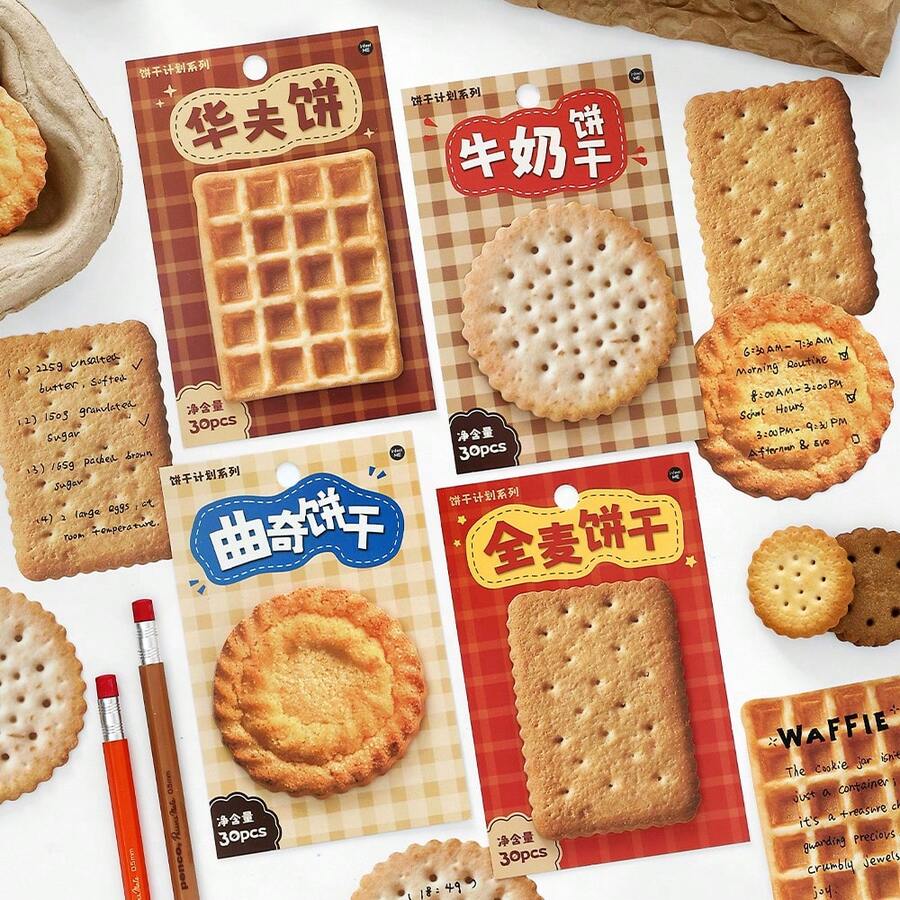 30pcs/Pack Cute Dessert & Cookie Shaped Memo Stickers, Scrapbooking Supplies, School Stationery, Waffle, Cookies Design, Diary, DIY Background, Removable & Reusable Student Notes