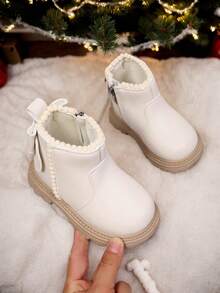 婴儿靴，新款时尚儿童蝴蝶结靴，儿童中帮鞋，女童侧拉链平底踝靴 - 米色 - 查看 2