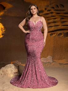 优雅大码女士正式晚礼服，细肩带和美人鱼裙，闪亮装饰点缀 - 非常适合盛大婚礼、高端慈善晚会、著名颁奖典礼、豪华生日宴会和红毯活动 - 藕粉色 - 查看 1