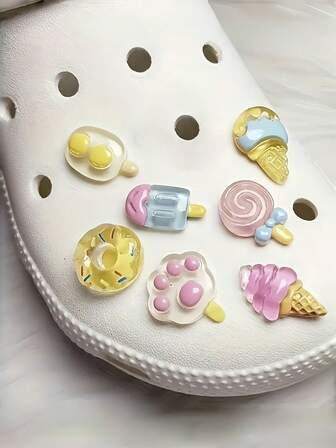 7pcs Transparent Ice Cream, Cat Paw Double Scoop Ice Cream, Waffle Cone, Lollipop Shoe Charms Set, Suitable For Hollow Out Clogs, Beach Sandals, Flip Flops