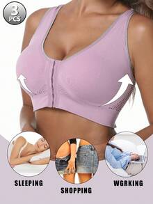 3pcs Women'S Removable Pad Sports Bra For Women, Zip-Up Design With Padded Support, Bras For Women Breathable And Skin-Friendly, Without Steel Ring, Shockproof And Anti-Sagging Yoga Underwear, Perfect For Sports, Fitness, And Yoga - Color B - 查看 7