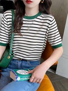 Top de rayas para mujer,Camiseta de punto con cuello redondo estampado,Camiseta de manga corta casual sencilla y versátil - Verde - Ver 4