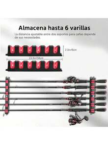 Porta Cañas de Pescar, Soporte para Caña de Pescar de Pared, Estante de Almacenamiento para Caña de Pescar, Estante para Caña de Pescar Montado en La pared, con Capacidad de 6 Cañas, Horizontal,Azul - Rojo - Ver 2