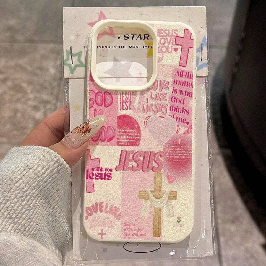 宗教 1 件 TPU 材质粉色基督教信仰十字架拼布艺术图案手机壳适用于 17 Pro Max/17/16 Pro Max/15/13/12/11、S20 FE/A15/S24/A55、Redmi Note 11/12/13 Pro,全身柔软保护套 - 白色 - 查看 1