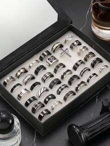 10/20/40/60件套不锈钢罗马浮雕哑光戒指，男女通用，适合日常佩戴和节日装饰，款式和尺寸随机。