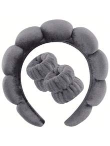 1pc Facial Headband / 2pcs Facial Wristbands / 3sets Spa Headband, Makeup Headband, Facial Headband, Skincare Headband, Pink Velvet Fluffy Sponge Headband, Bow, Bubble, Spa Headband, Wristband, Women & Girls Hair Accessories Set - Multicolor - View 12