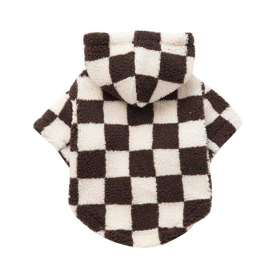 1pc Chocolate Plaid Sherpa Zip-Up Hoodie Pet Jacket Coat, Suitable For Small/Medium Cats & Dogs, Autumn/Winter