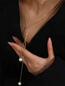 1pc Elegant Minimalist Style Adjustable Faux Pearl Necklace, Versatile Sweater Chain For Women, Daily & Date Wear - Multicolor - View 3