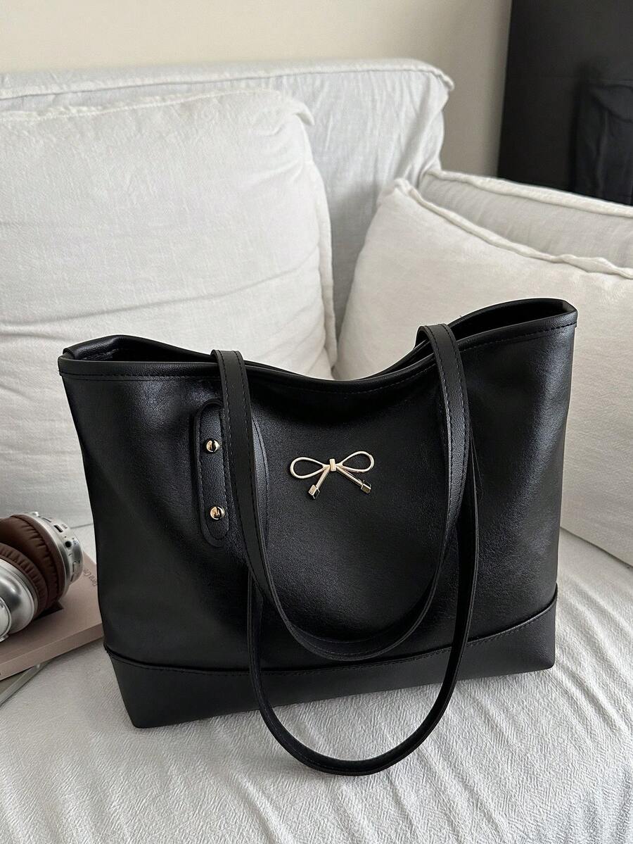 Tas Tangan Kasual Kapasitas Besar Motif Belah Ketupat Warna Solid dengan Pita, Tas Tote Minimalis Bergaya, Model Baru 2025 - Hitam - View 1