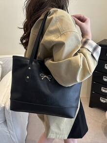 Tas Tangan Kasual Kapasitas Besar Motif Belah Ketupat Warna Solid dengan Pita, Tas Tote Minimalis Bergaya, Model Baru 2025 - Hitam - View 2