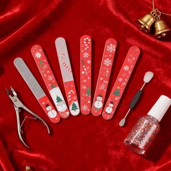 10 piezas de lima de uñas con diseño navideño - modelos largos y cortos con patrón rojo y lindo de Papá Noel para una manicura divertiva de vacaciones. Entrega aleatoria.