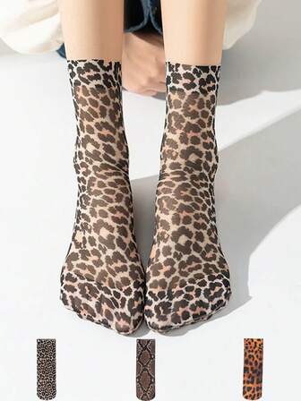 3 pares de calcetines con estampado de leopardo, estampado de tigre y estampado de serpiente, de alta elasticidad, cómodos y transpirables