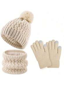 4 件套儿童针织绒球冬帽、围巾和手套套装，女童男童幼儿保暖针织连帽围脖套装 - 彩色 - 查看 17