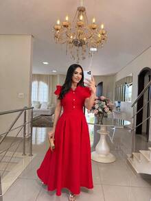 Elegant Long Dress With Puff Sleeves And Front Buttons – Sophisticated Look For Parties And Events - Red - View 2