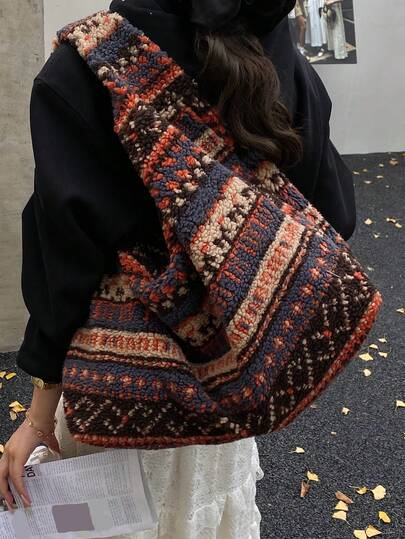 Bohemian Style Fuzzy Tote Bag, Large Capacity Shoulder Bag With Zipper Closure, Suitable For Daily Use, Commuting, Shopping, College Students, Colorblock Striped , Bohemian Outfit For Women