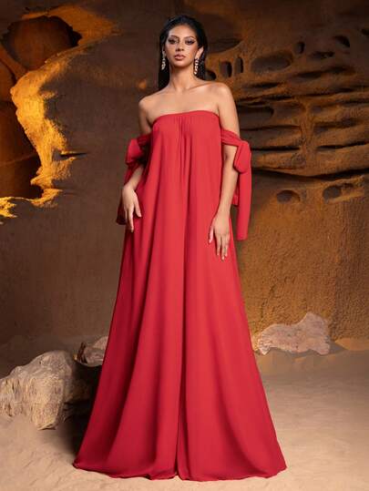 Off-Shoulder Tie Sleeve Women's Formal Jumpsuit: Suitable For Gala, Wedding Guest, Formal Party, Red Carpet And Formal Dinner Occasions