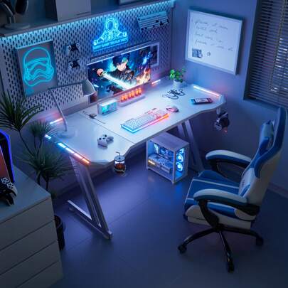  HLDIRECT Gaming Desk With LED Lights Carbon Fibre Surface Gaming Table Large Computer Desk Ergonomic Home Office Desks Z Shaped PC Gamer Workstations With Cup Holder & Headphone Hook,White