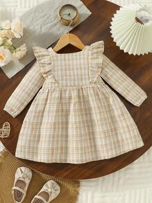 Girls' Clothing Autumn And Winter New Item, Woolen Contrasting Color Plaid Ruffle Edge Decorative Buckle A-Line Ladylike Style Dress - Màu be - Xem 2