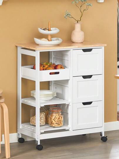 SoBuy Serving Trolley Wheels, Kitchen Tray, Side Table, Rolling Kitchen, Living Room, Dining Room Ideal Single Kitchens, Cabinets Worktop, White, 68x85x38 Cm, FKW79
