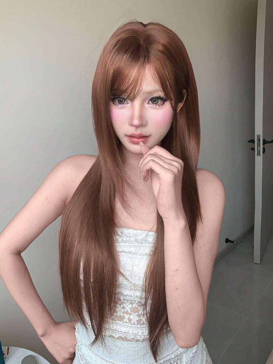 alicegarden 1 Synthetic Heat-Resistant Wig With Bangs, Brown Long Straight Wig, 30 Feet Long, Made Of Fiber, Suitable For Daily Use, Natural Simulation Wig