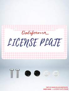 1pc Pink Gingham Checkered Pattern Aluminum License Plate Frame 6x12 Inches With Screw Kit, Retro And Cute Car Decor Accessory Vehicle Personalization, Fun And Quirky Design As A, Universal Size Fits Standard US License Plates - 12x6 inch - 查看 1