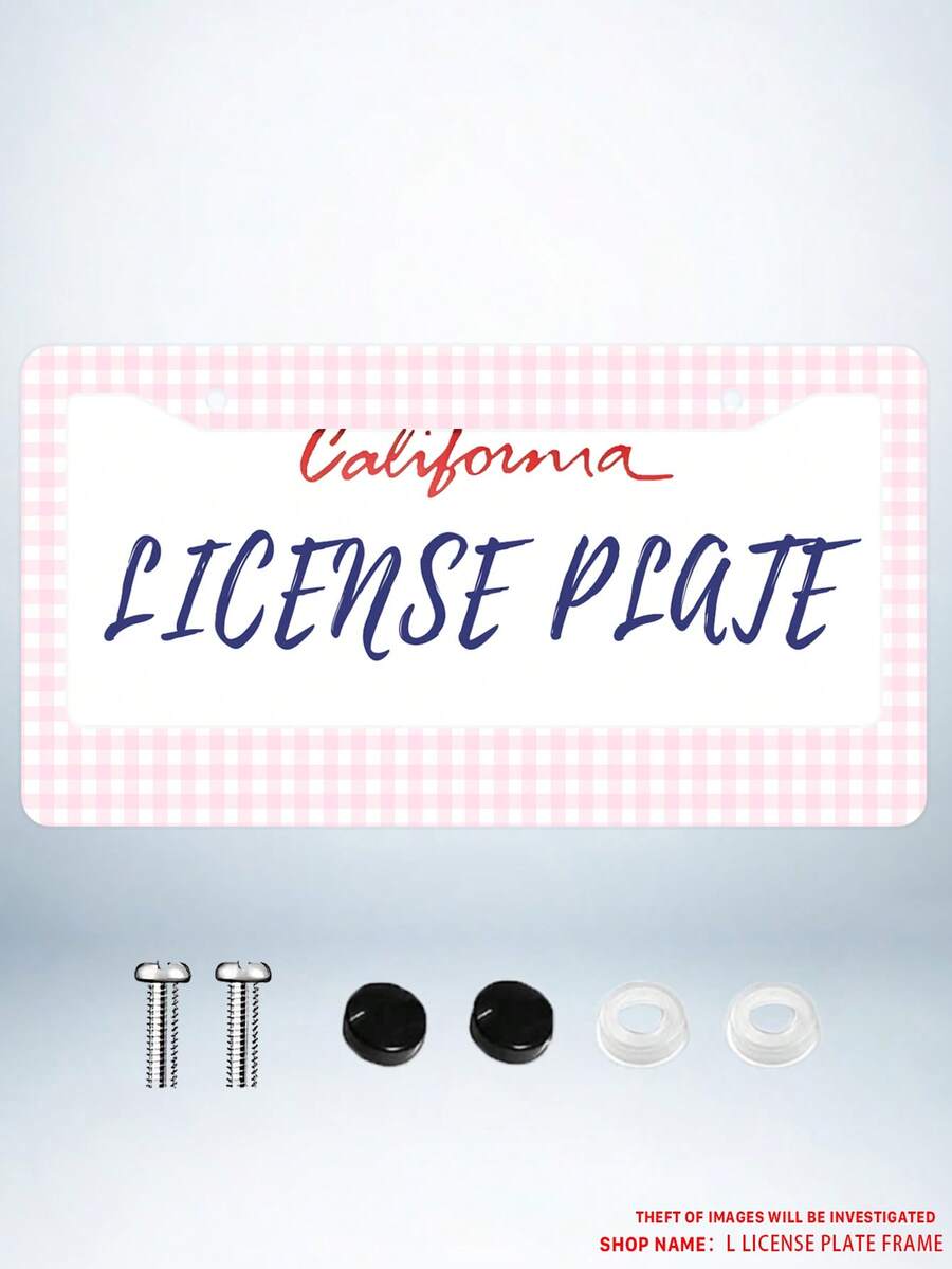1pc Pink Gingham Checkered Pattern Aluminum License Plate Frame 6x12 Inches With Screw Kit, Retro And Cute Car Decor Accessory Vehicle Personalization, Fun And Quirky Design As A, Universal Size Fits Standard US License Plates - 12x6 inch - 查看 1