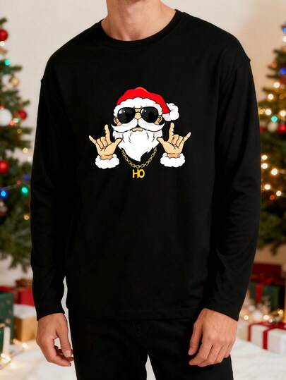 圣诞节男士休闲圣诞老人手势印花宽松圆领长袖 T 恤，适合街头、户外、度假、日常通勤，百搭